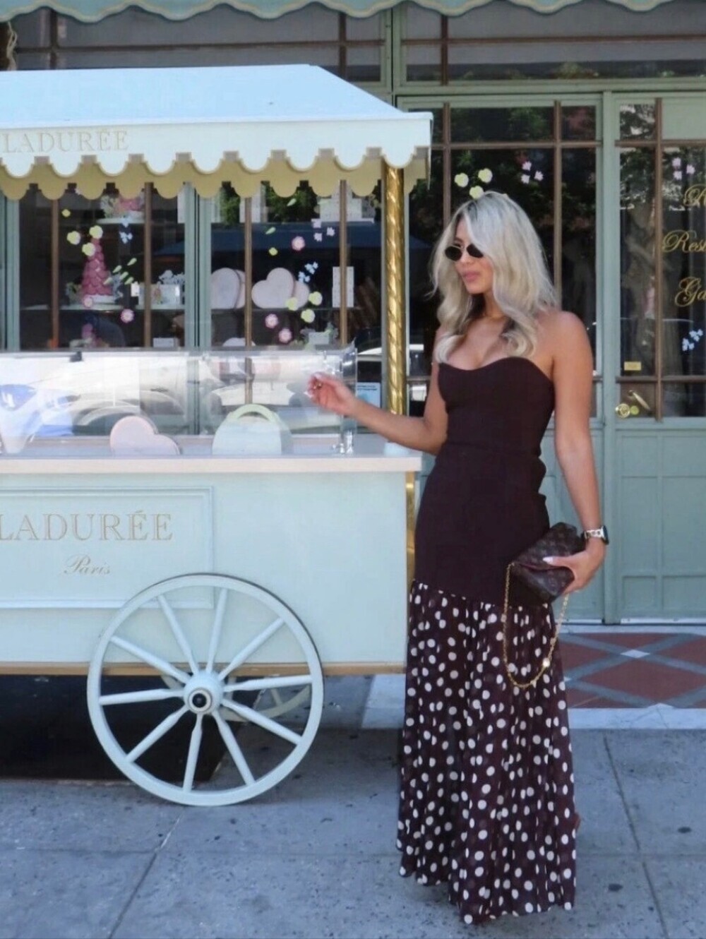 Elegant Brown Strapless Polka Dot Maxi Dress